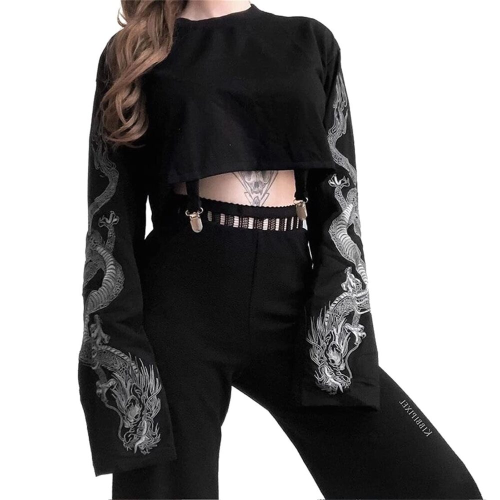 3318 Gothic Crop Top Punk Goth Sweatshirt Emo Black Y2k Dragon Print Long